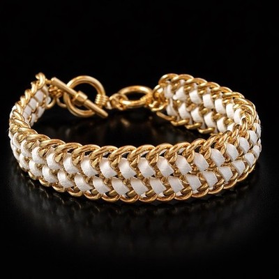 Leather Woven Chain Bracelet Toggle Clasp Wide Link Gold Tone Adjustable