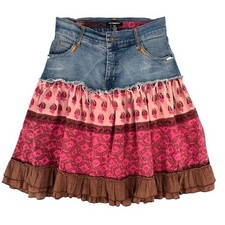Vintage Dimri Denim Cotton Pink Brown Floral Ruffle Patchwork Boho Skirt M
