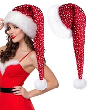 Red Long Plush Santa Hat Sequin Christmas Hat for Adults Velvet Warm Winter C...