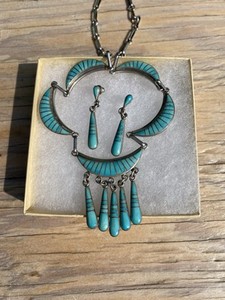 Vintage Turquoise Inlay and Silver Necklace And Earrings Set Signed