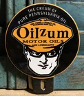 VINTAGE OILZUM MOTOR  OIL GASOLINE 5” PORCELAIN CAR TAG TOPPER SIGN