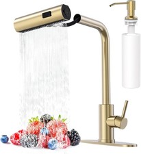 Brushed Gold Waterfall Kitchen Faucets W/ Pull Down Sprayer Soap Dispenser