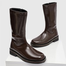 Men's Gothic Riding Mid Calf Boots Round Toe Zipper Motorcycle Leather Shoes New
