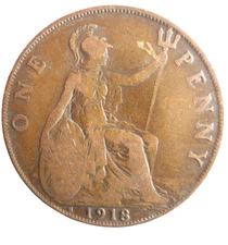 1918 H GREAT BRITAIN PENNY - Rare Type Coin - FREE SHIP - Britain Bin 18