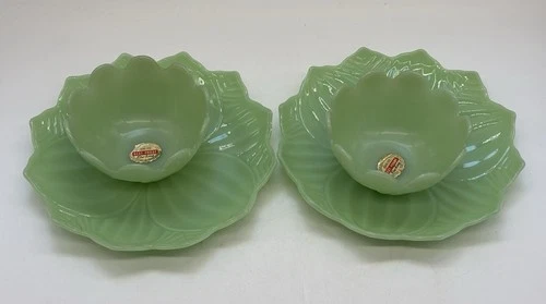 Vintage Fire King Jadeite Glass Lotus Leaf  Plate & Bowl 2 Sets Original Sticker