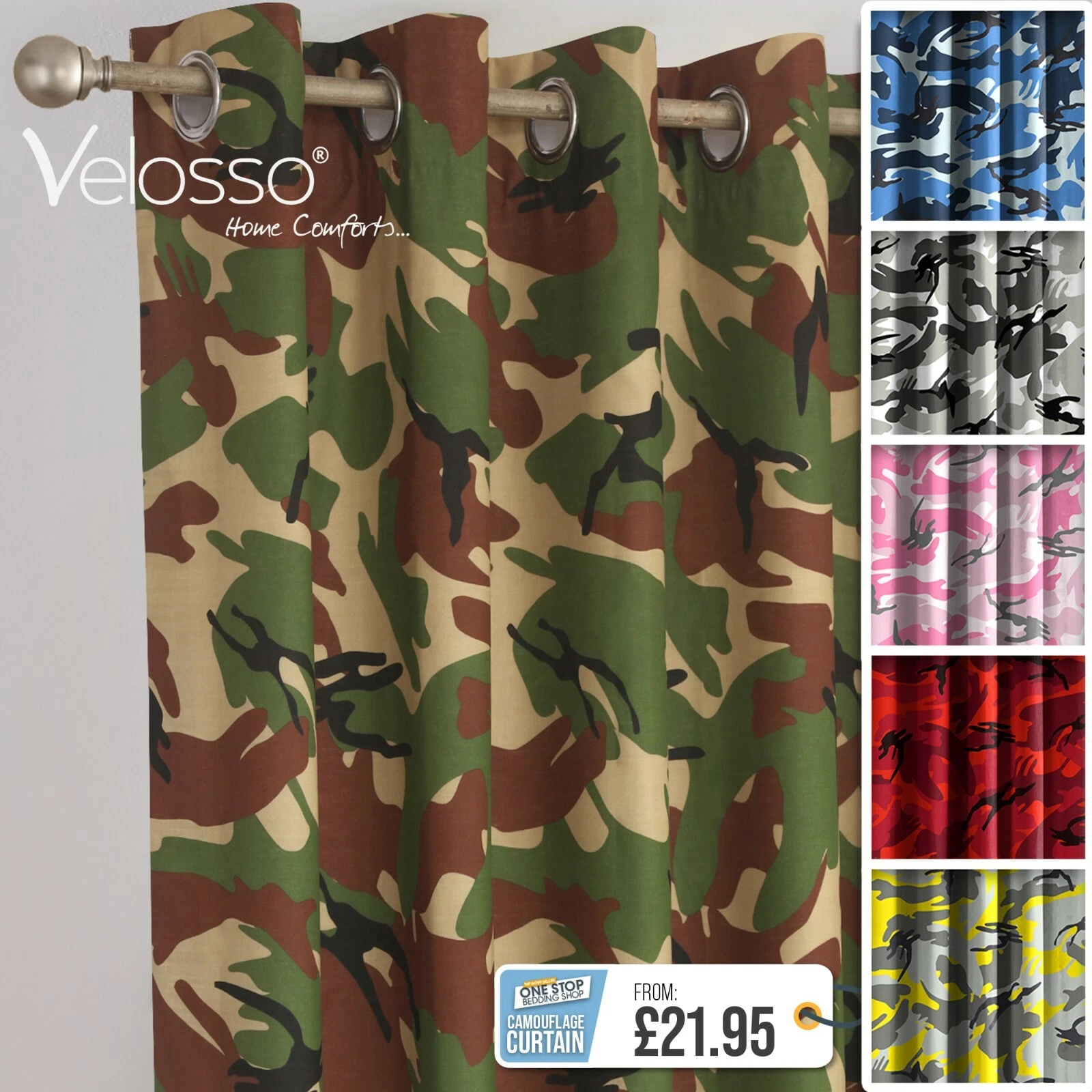 Camouflage Pair of Curtains Eyelet Ring Top Lined Army Terrain Camo Cotton Rich
