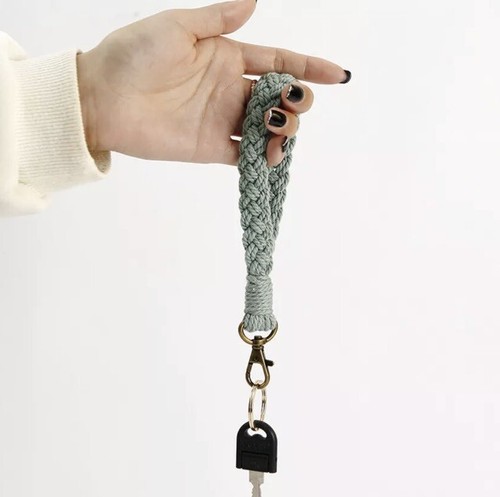 Soft Macrame Keychain Womens Boho Wrist Lanyard Handmade Wristlet Bracelet Green - Picture 2 of 10