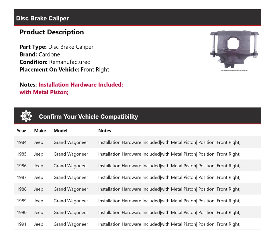 Pinza de freno de disco delantera derecha Cardone 1985 para Jeep Grand Wagoneer 1984-1991 Foto 2 de 4