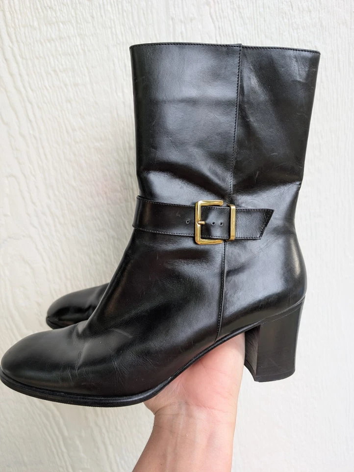 SALVATORE FERRAGAMO Bota de Cuero Negro Botín Tacón Grueso Hebilla Cremallera Talla 9M Foto 3 de 4