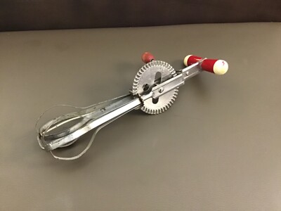 Vintage Egg Beater Red Wooden Handle Manual Hand Mixer Stainless Steel FARMHOUSE