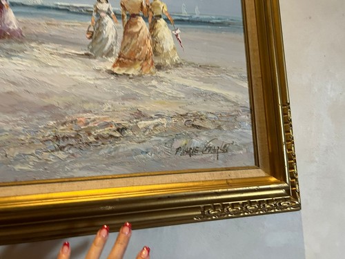 Marie Charlot Beach Scene Victorian Ladies Seascape 1960 original oil painting - Foto 5 di 8