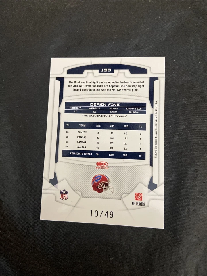 Derek Fine 2008 Leaf R&S Gold Longevity Rookie #190 /49 Buffalo Bills  - Image 2 of 2