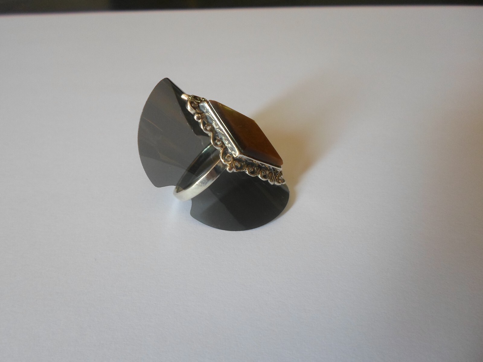 solid silver ring, tiger eye triangle, openwork o… - image 5