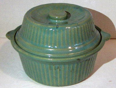 Vtg Unique Stoneware Pottery Individual Sized High Covered Casserole Baking Dish