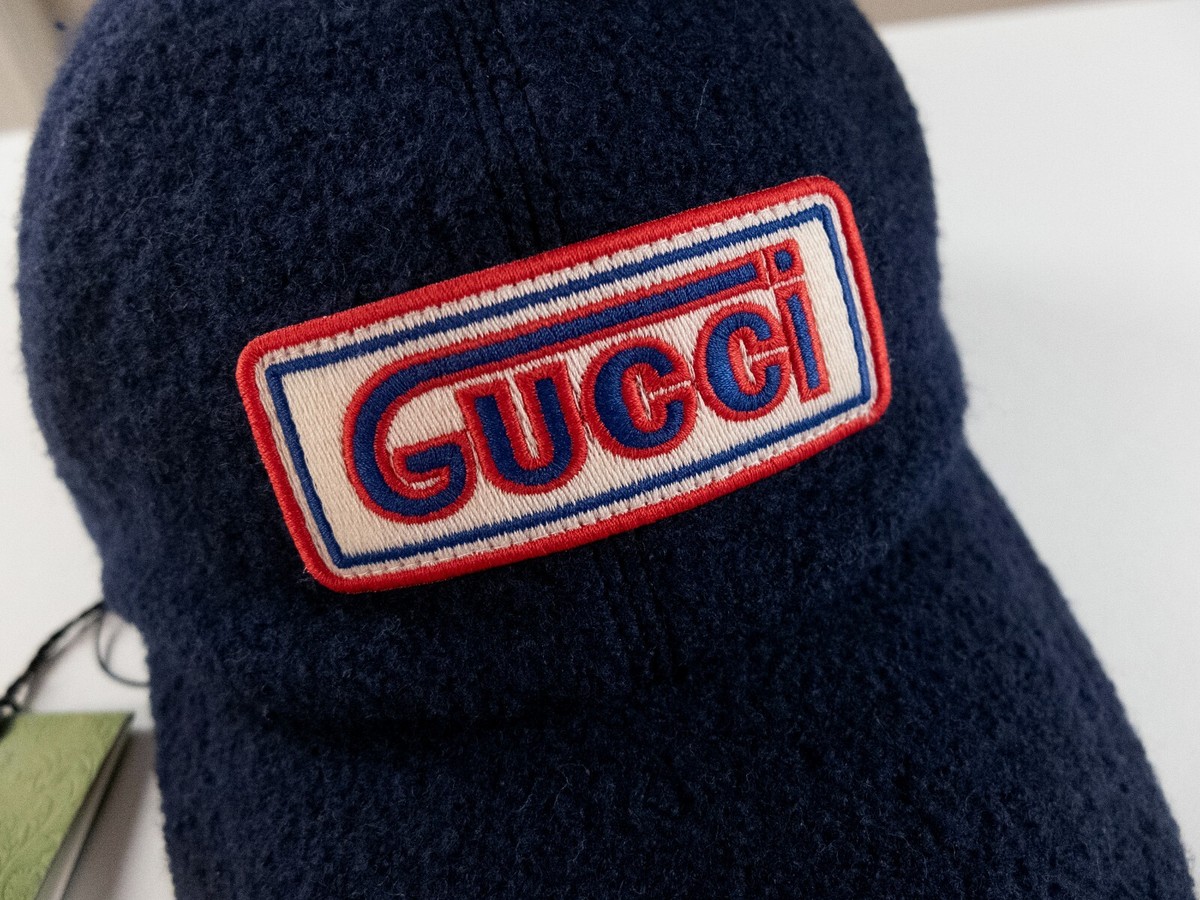 新品未使用 GUCCI グッチ ネイビー ロゴ刺繍キャップ S GUCCI navy blue logo patch felted wool baseball cap Size