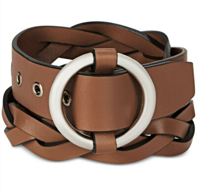 New Michael Kors Men's Round Buckle Braided Leather Brown Belt