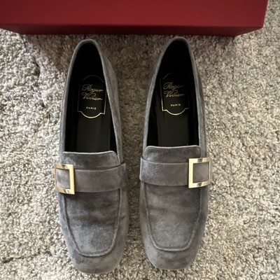 Roger Vivier Gray Suede Square Toe Buckle Slip On Solid Women's Flat Shoes