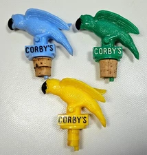 3 Corby's Parrots Bottle Cork Stoppers Pourers Green, Blue & Yellow