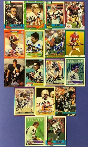 1980-1992 Football SIGNED cards—McMichael, Butz, Theismann, Harbaugh—LOT of 17