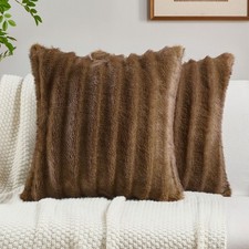 Brown Decorative Throw Pillow Covers 20x20 Inch Set of 2,Soft Fluffy Faux Rab...