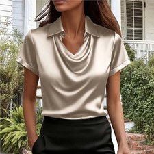 Solid Color Short Sleeve Button Down Shirt Lapel for Women Summer 2026 Top