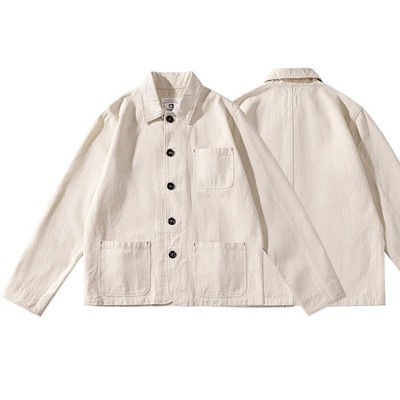 Mens Overalls Work Jacket Beige Casual Cotton Coat Vintage French Chore Coat