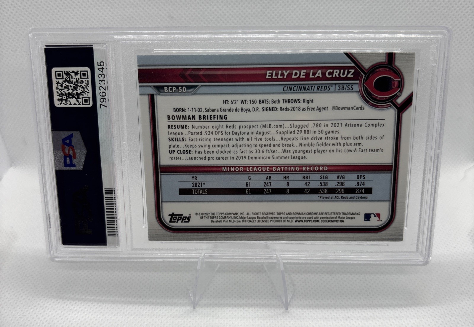 2022 Bowman Chrome Elly De La Cruz #BCP50 PSA 10 Cincinnati Reds Rookie view 2