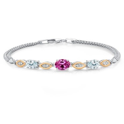 925 Silver and 10K Yellow Gold Pink Created Sapphire and Aquamarine and White