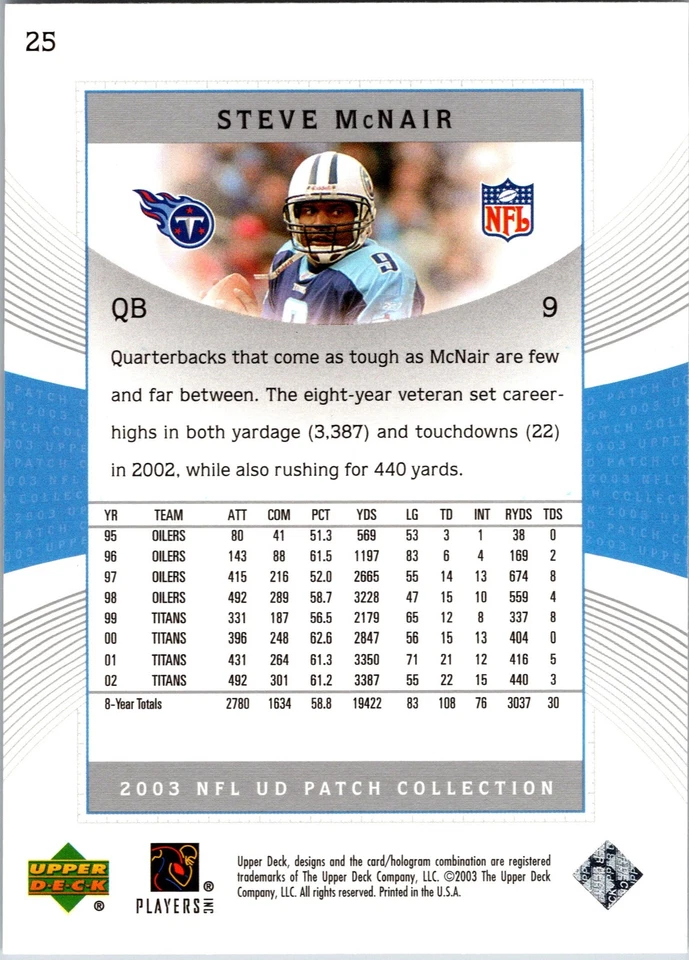 2003 UD Patch Collection #25 Steve McNair - Image 2 of 2