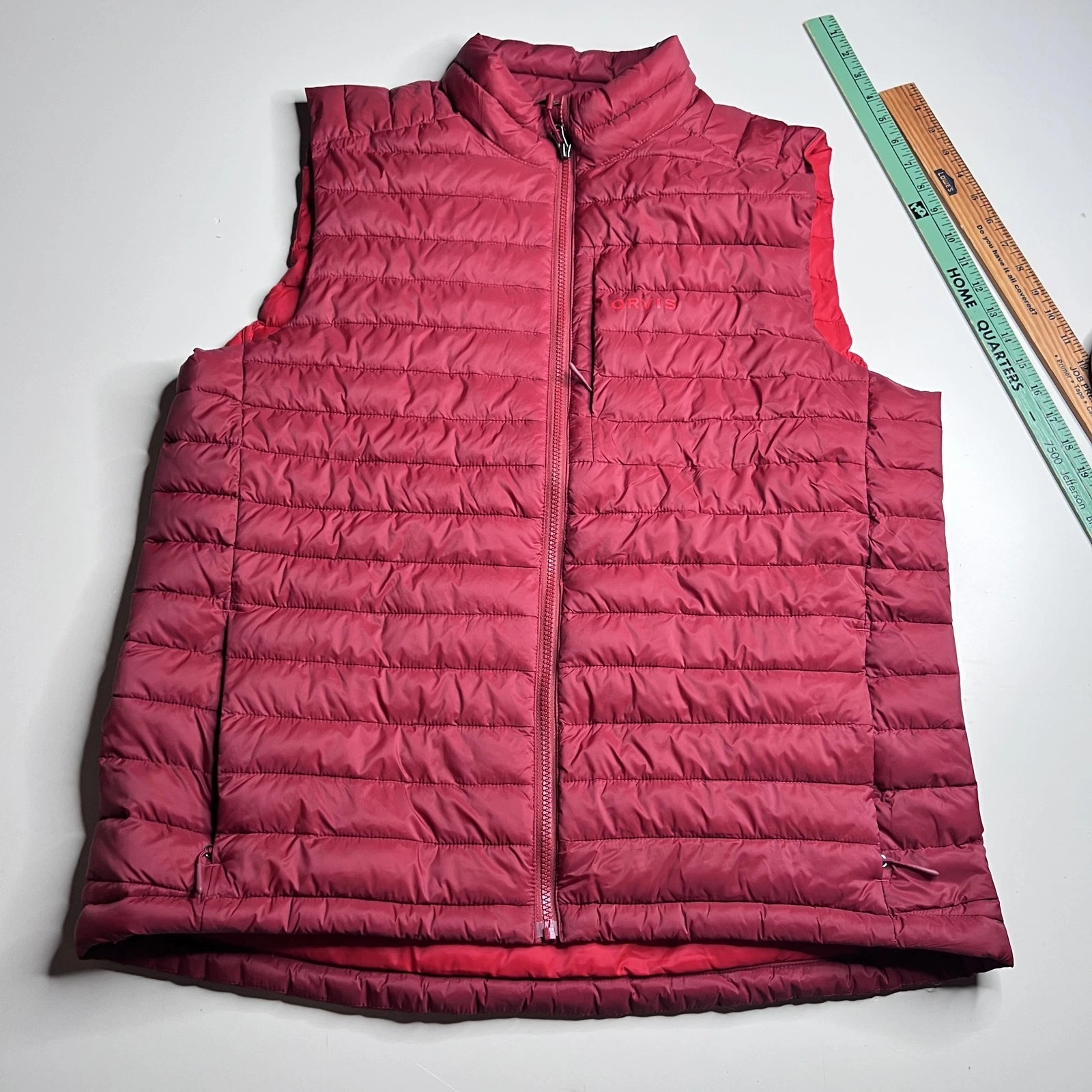 Orvis Vest Mens L Red Puffer Quilted Full Zip Insulated Lightweight Outdoor
