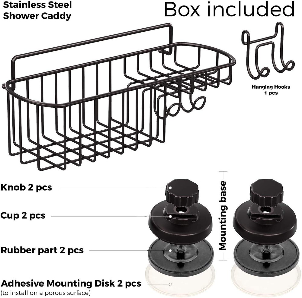 Shower Caddy Suction Cup - Wall Mounted Bathroom Shelf with Hooks - Suction S...