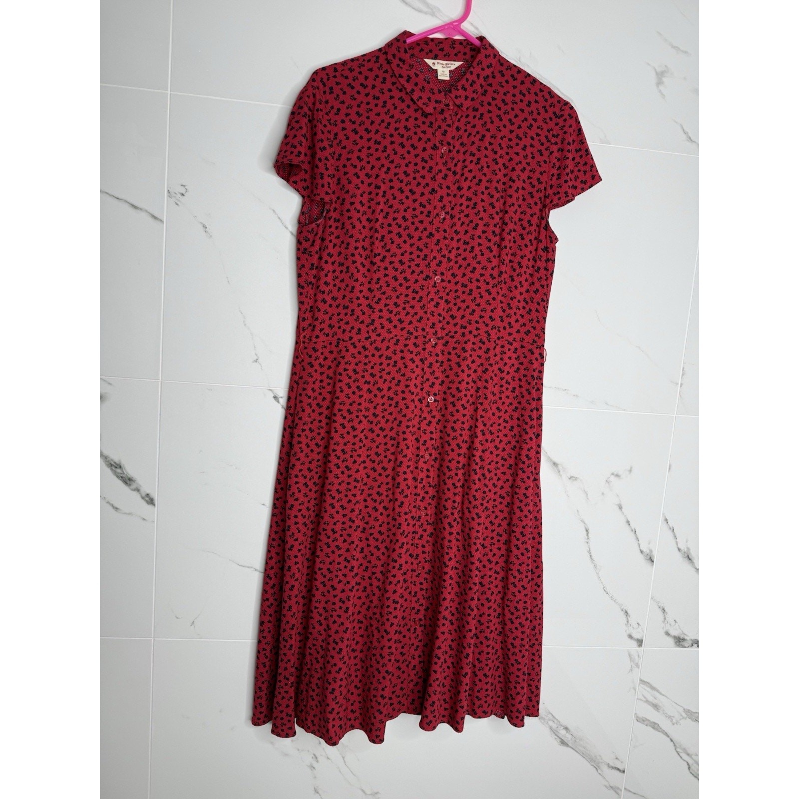 Brooks Brothers Floral Shirt red Dress Midi Size 10 Cottage Fit And Flare