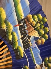 Vintage Chinese Bamboo Hand Painted Canvas Floral Folding Wall Fan Art Large