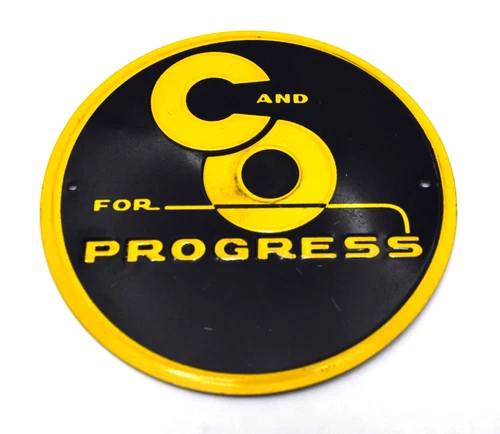 Vintage C AND O FOR PROGRESS Railroad Train Post Cereal Tin Logo Sign 1950's