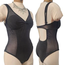 VTG 80’s Swimsuit Sheer Mesh Illusion Plunge Black High Leg Baja Blue 14 M/L