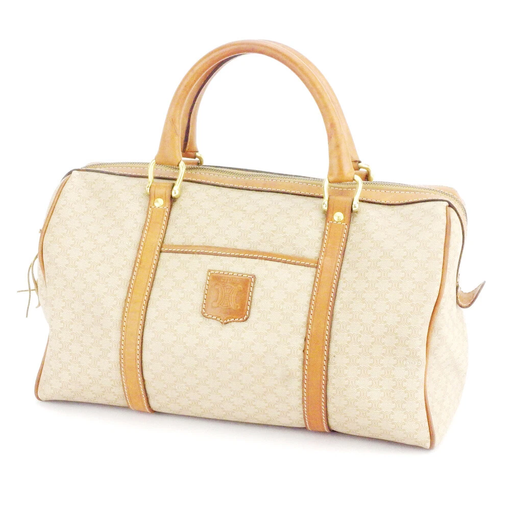 CELINE Boston bag macadam beige PVC ?~ leather Authentic used D2115