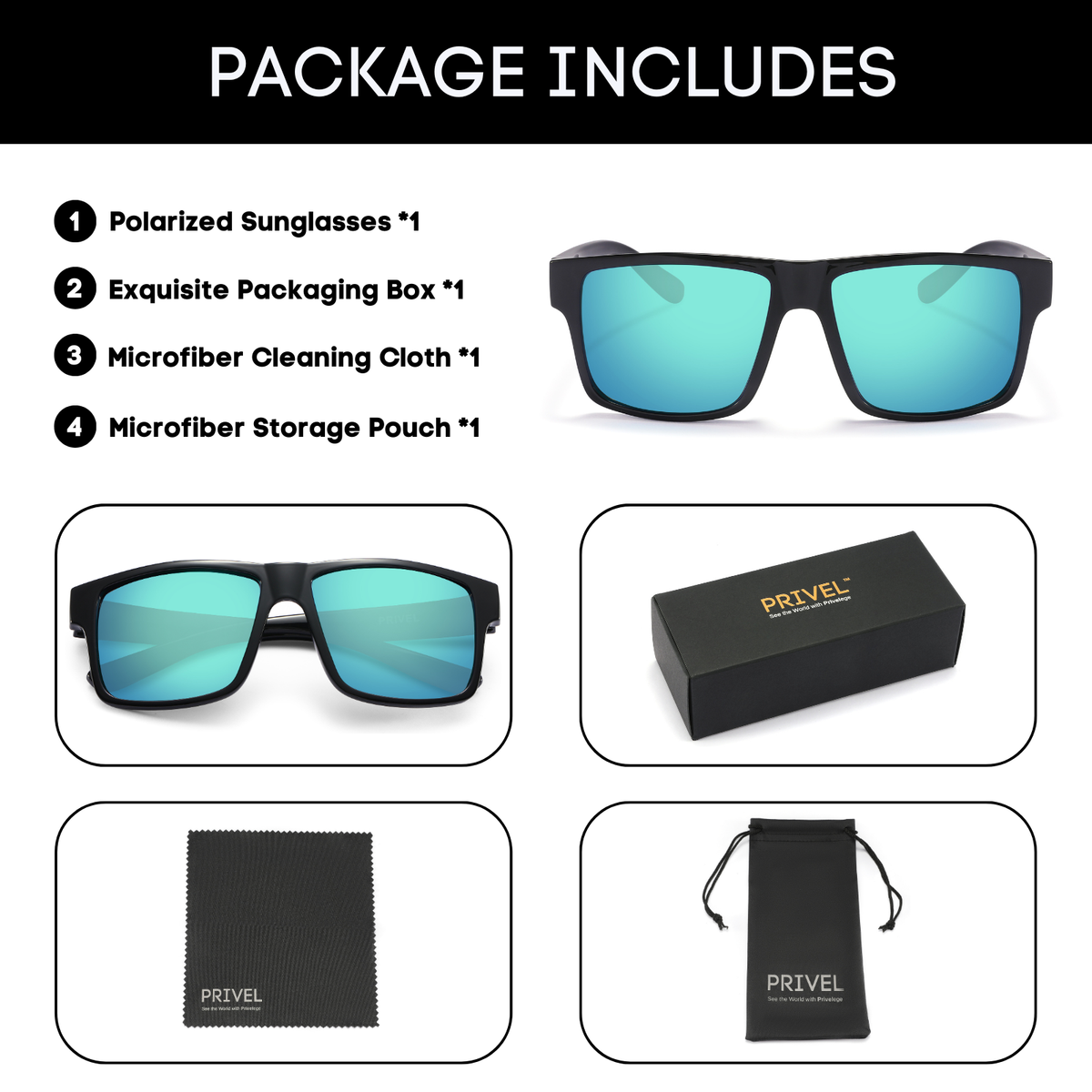 PRIVEL XXL Square Aviator Sunglasses - 159mm Wide, Polarized, UV400, TR90 Frame For Big Heads
