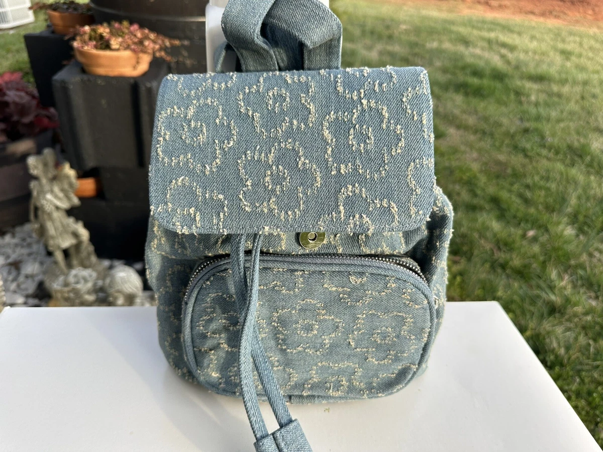 NWT Wild Fable Blue Denim mini Backpack Purse Floral Stitch flap zipper