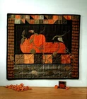 Fall Harvest Wall Quilt 3 Pumpkins w Vines Patch Pattern Primitive Folk Art Vtg
