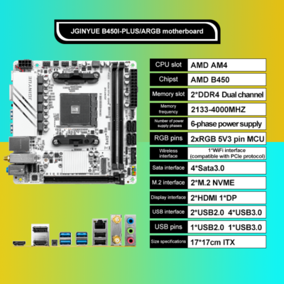 Mini ITX AM4 Motherboard, B450I-PLUS ARGB, Dual M.2 NVMe, ITX SFF