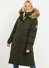 Ladies Ex Threadbare Arnie Khaki Longline Parka Jacket Faux Fur Hood Khaki Green