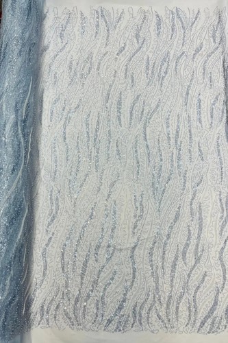 Wavy Leaf Lines Fabric - Beaded Sequins Leaf Pattern Embroidered On Mesh by Yard - Picture 2 of 28