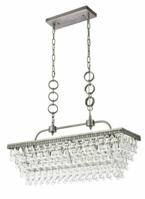 Dining Room Chandelier Antique Silver and Glass Crystal Drops Light Fixture 32''