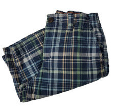 Lands End Boys Shorts Cotton Chino Bermuda Adjustable Waist Blue Plaid Size 12
