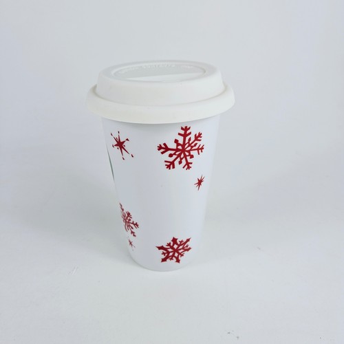 Bicchiere da viaggio Starbucks caffè ceramica 2010 rosso fiocco di neve con coperchio - Foto 3 di 8