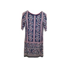 Eliza J Dress Navy Pink White Floral Muilt Stripe Size 4 Lined Stretch Wedding