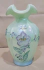 Fenton Sea Mist Green iridescent Hand Painted Glass Vase 7 1/4" Signed GORGEOUS