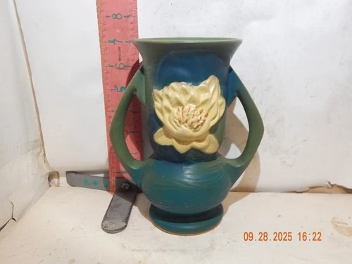 Vintage remake 1990's  Roseville Water Lily Vase 74-7". Light Blue green