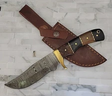NEW10" Damascus Steel Hunting Skinning Knife 3 Woods Brass Handle Leather Sheath