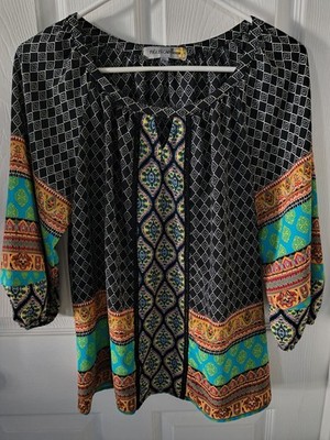 Figueroa & Flower Top Size PL P2P 21 LENGTH 25 Boho Multicolor Elastic Sleeves 
